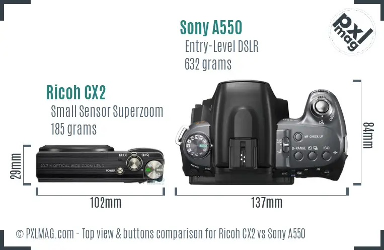 Ricoh CX2 vs Sony A550 top view buttons comparison
