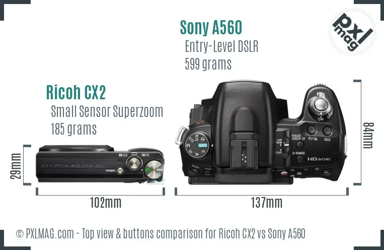 Ricoh CX2 vs Sony A560 top view buttons comparison