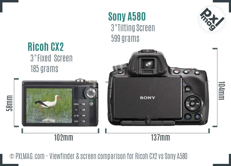 Ricoh CX2 vs Sony A580 Screen and Viewfinder comparison