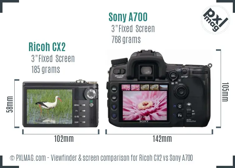 Ricoh CX2 vs Sony A700 Screen and Viewfinder comparison