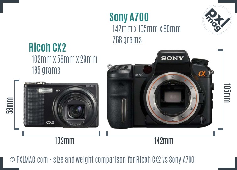 Ricoh CX2 vs Sony A700 size comparison