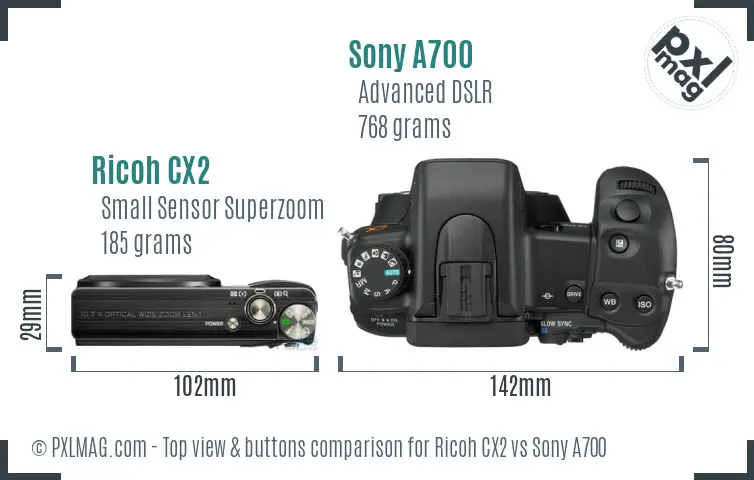 Ricoh CX2 vs Sony A700 top view buttons comparison