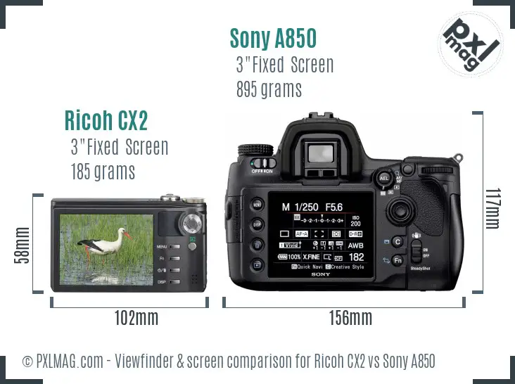 Ricoh CX2 vs Sony A850 Screen and Viewfinder comparison