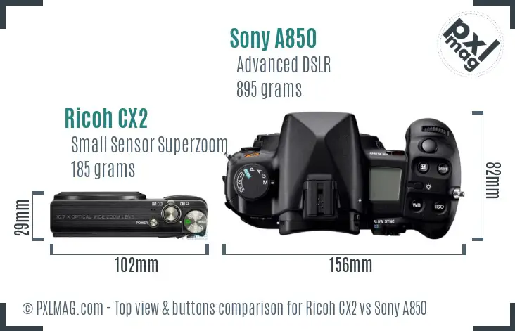 Ricoh CX2 vs Sony A850 top view buttons comparison