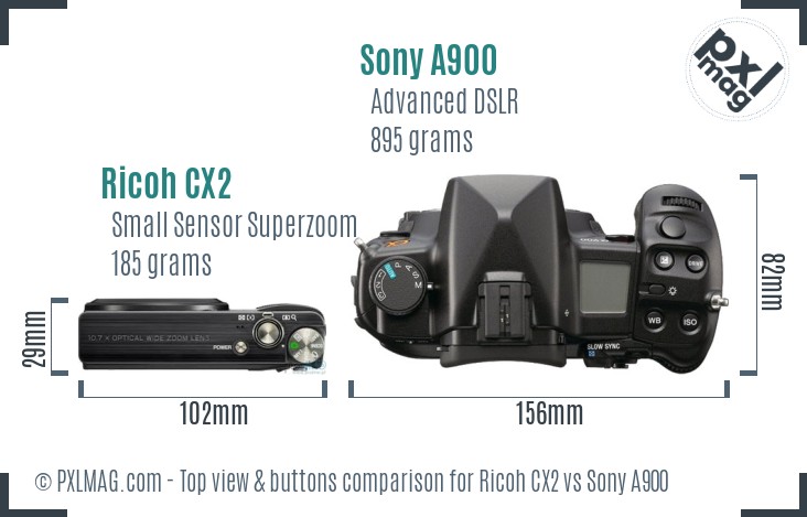 Ricoh CX2 vs Sony A900 top view buttons comparison