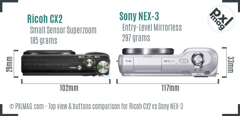 Ricoh CX2 vs Sony NEX-3 top view buttons comparison
