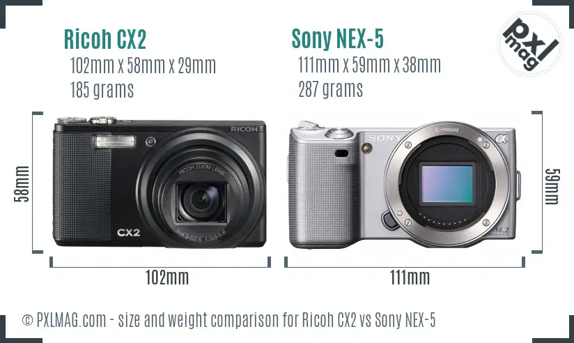 Ricoh CX2 vs Sony NEX-5 size comparison