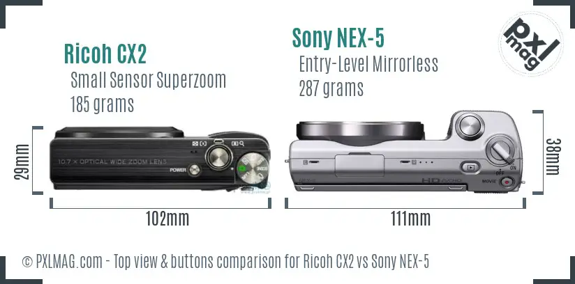 Ricoh CX2 vs Sony NEX-5 top view buttons comparison