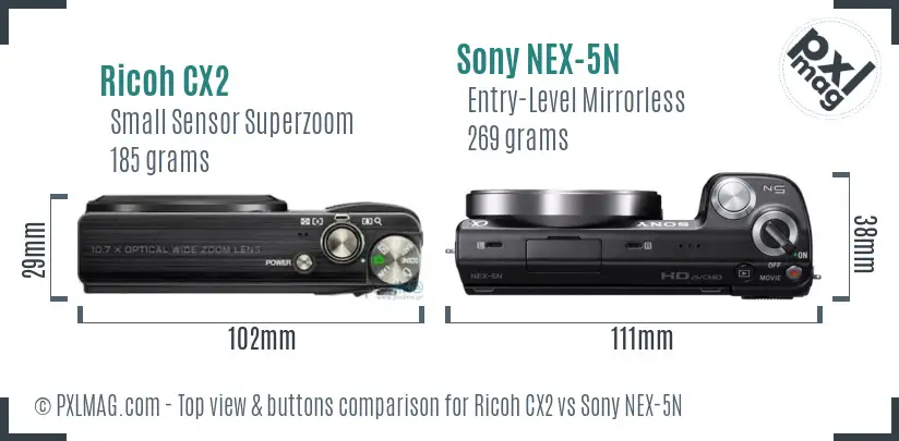 Ricoh CX2 vs Sony NEX-5N top view buttons comparison Ricoh CX2 vs Sony NEX-5N top view buttons comparison