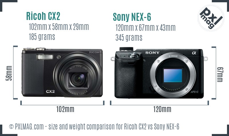 Ricoh CX2 vs Sony NEX-6 size comparison