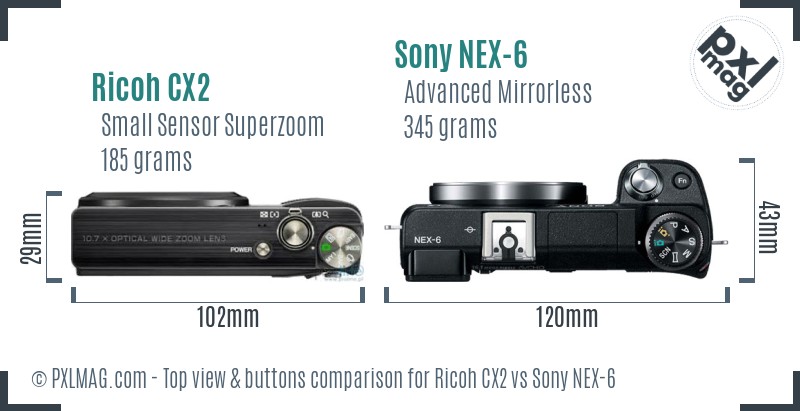 Ricoh CX2 vs Sony NEX-6 top view buttons comparison