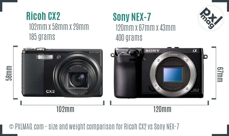 Ricoh CX2 vs Sony NEX-7 size comparison