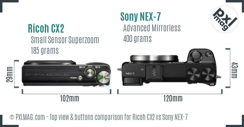 Ricoh CX2 vs Sony NEX-7 top view buttons comparison