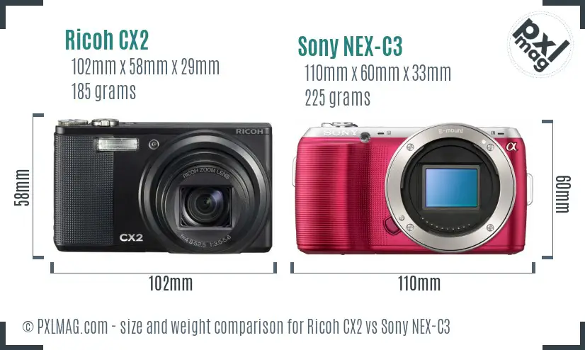 Ricoh CX2 vs Sony NEX-C3 size comparison