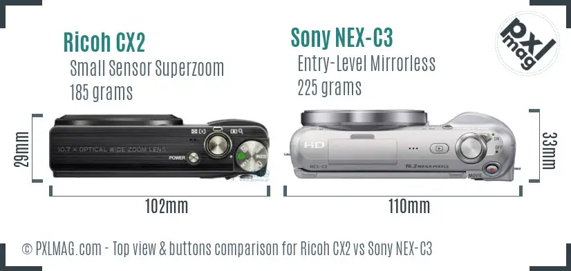 Ricoh CX2 vs Sony NEX-C3 top view buttons comparison
