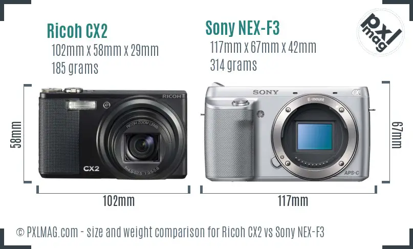 Ricoh CX2 vs Sony NEX-F3 size comparison