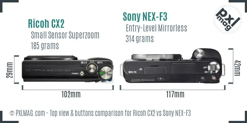 Ricoh CX2 vs Sony NEX-F3 top view buttons comparison