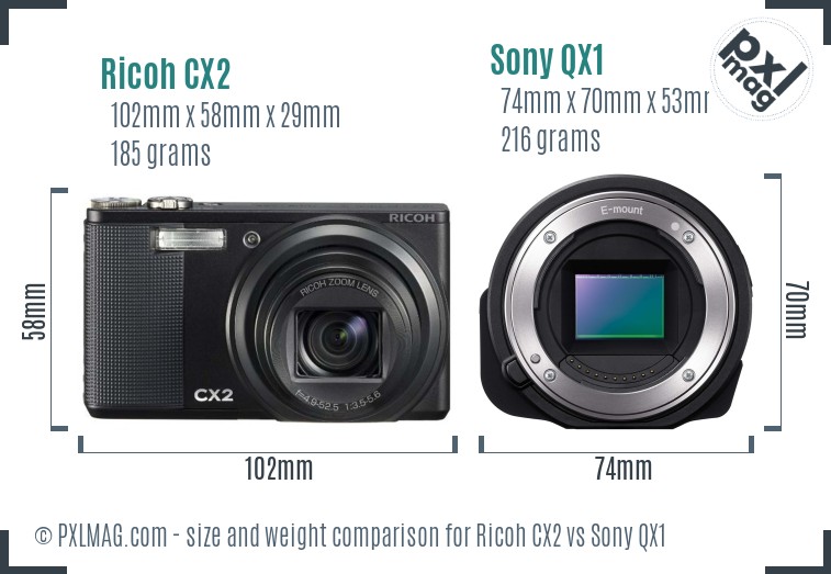 Ricoh CX2 vs Sony QX1 size comparison