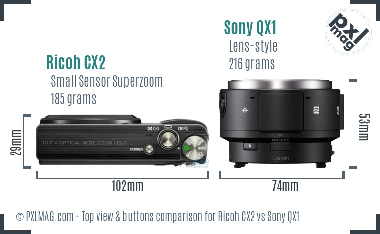 Ricoh CX2 vs Sony QX1 top view buttons comparison