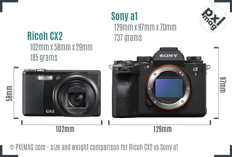 Ricoh CX2 vs Sony a1 size comparison
