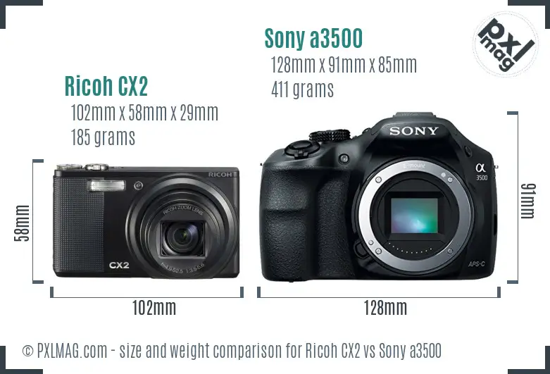 Ricoh CX2 vs Sony a3500 size comparison