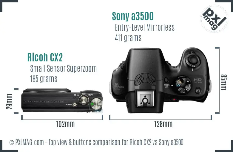 Ricoh CX2 vs Sony a3500 top view buttons comparison