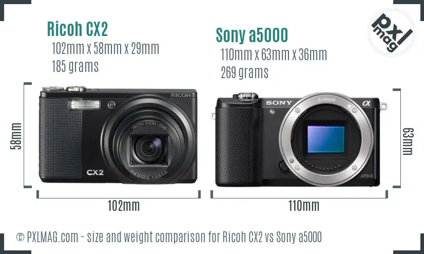 Ricoh CX2 vs Sony a5000 size comparison