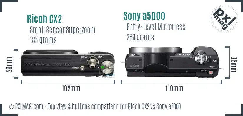 Ricoh CX2 vs Sony a5000 top view buttons comparison