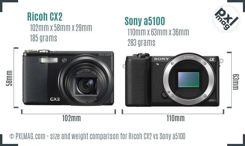 Ricoh CX2 vs Sony a5100 size comparison