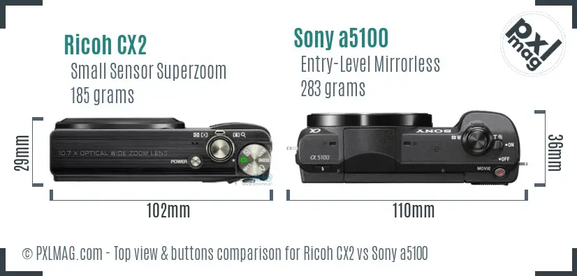 Ricoh CX2 vs Sony a5100 top view buttons comparison