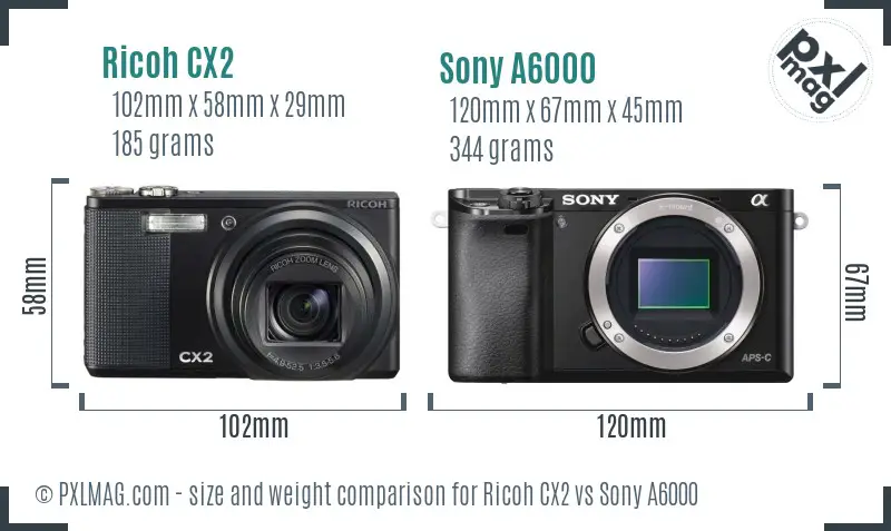 Ricoh CX2 vs Sony A6000 size comparison