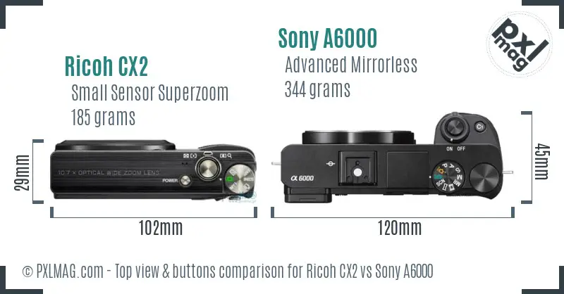 Ricoh CX2 vs Sony A6000 top view buttons comparison