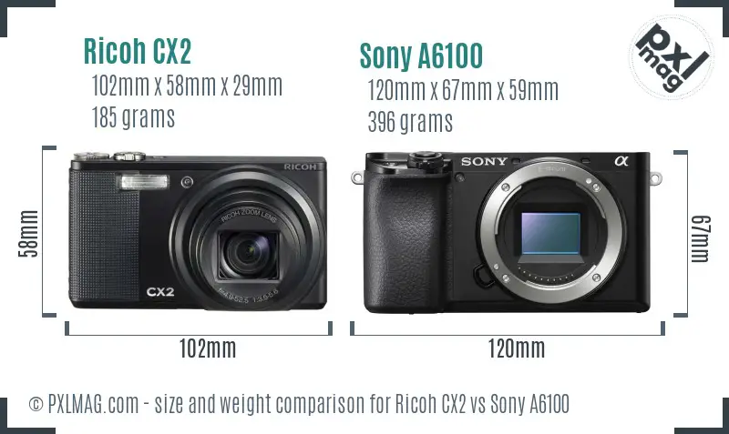Ricoh CX2 vs Sony A6100 size comparison