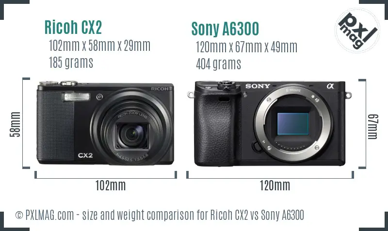 Ricoh CX2 vs Sony A6300 size comparison