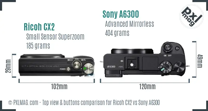 Ricoh CX2 vs Sony A6300 top view buttons comparison