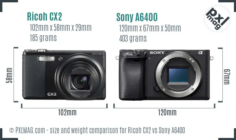 Ricoh CX2 vs Sony A6400 size comparison