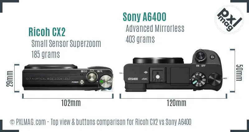 Ricoh CX2 vs Sony A6400 top view buttons comparison