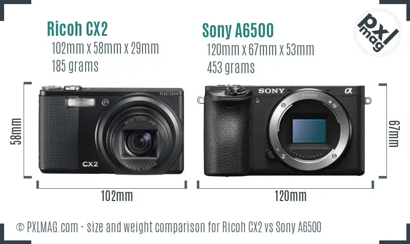 Ricoh CX2 vs Sony A6500 size comparison