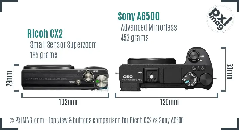 Ricoh CX2 vs Sony A6500 top view buttons comparison