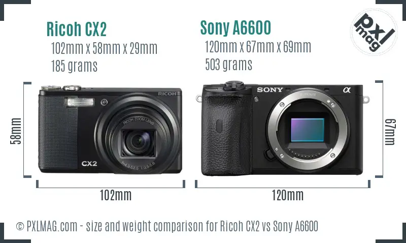 Ricoh CX2 vs Sony A6600 size comparison
