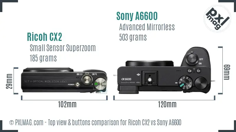 Ricoh CX2 vs Sony A6600 top view buttons comparison
