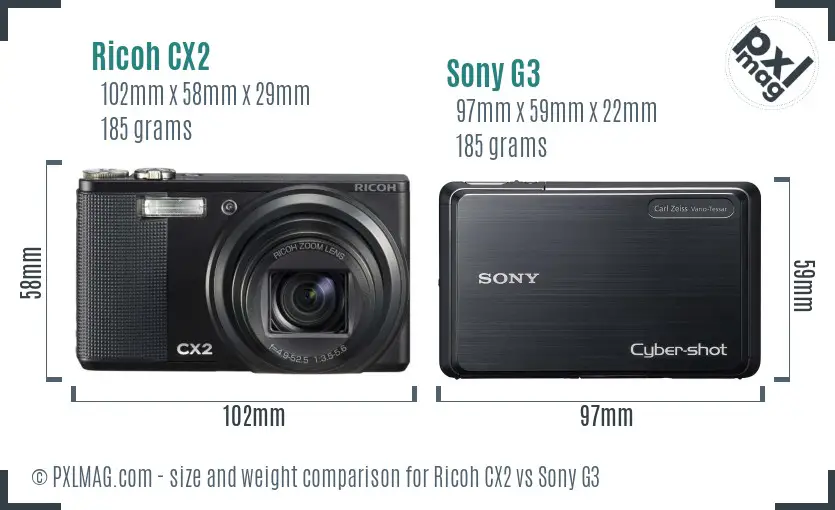 Ricoh CX2 vs Sony G3 size comparison