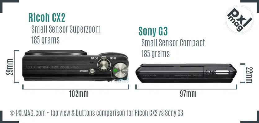 Ricoh CX2 vs Sony G3 top view buttons comparison