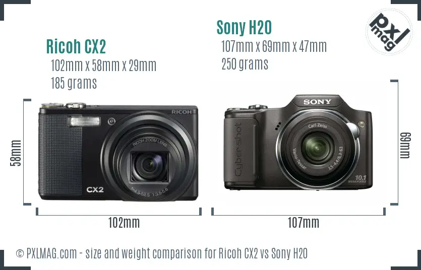 Ricoh CX2 vs Sony H20 size comparison