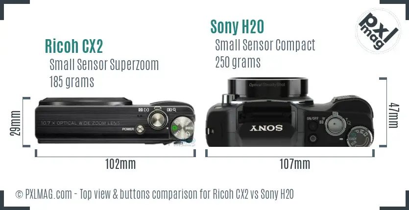 Ricoh CX2 vs Sony H20 top view buttons comparison