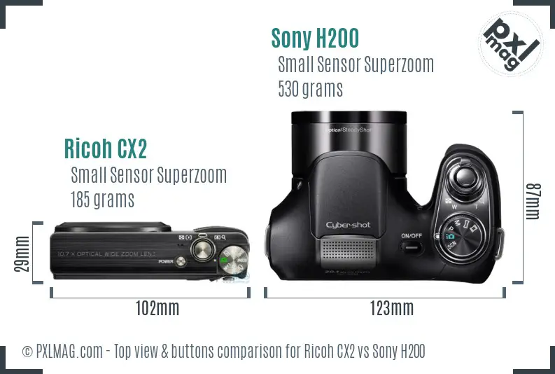 Ricoh CX2 vs Sony H200 top view buttons comparison Ricoh CX2 vs Sony H200 top view buttons comparison