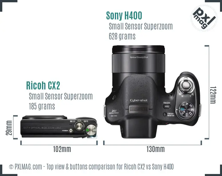 Ricoh CX2 vs Sony H400 top view buttons comparison