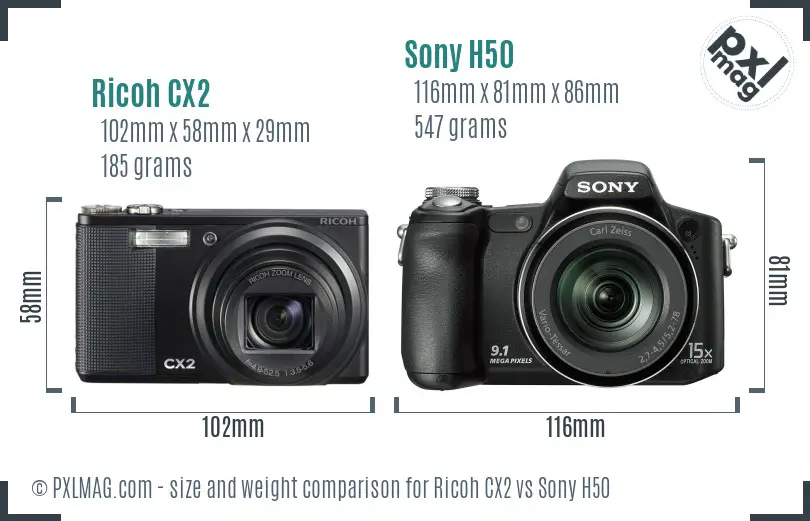 Ricoh CX2 vs Sony H50 size comparison