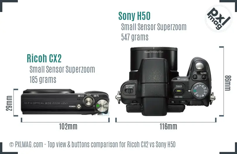 Ricoh CX2 vs Sony H50 top view buttons comparison