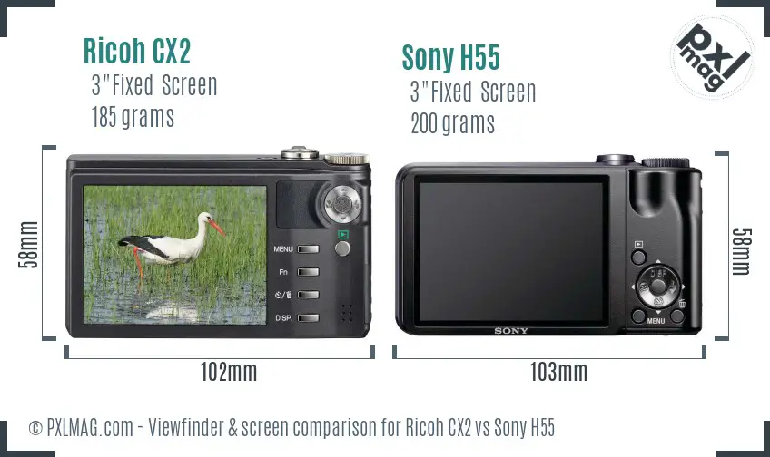 Ricoh CX2 vs Sony H55 Screen and Viewfinder comparison